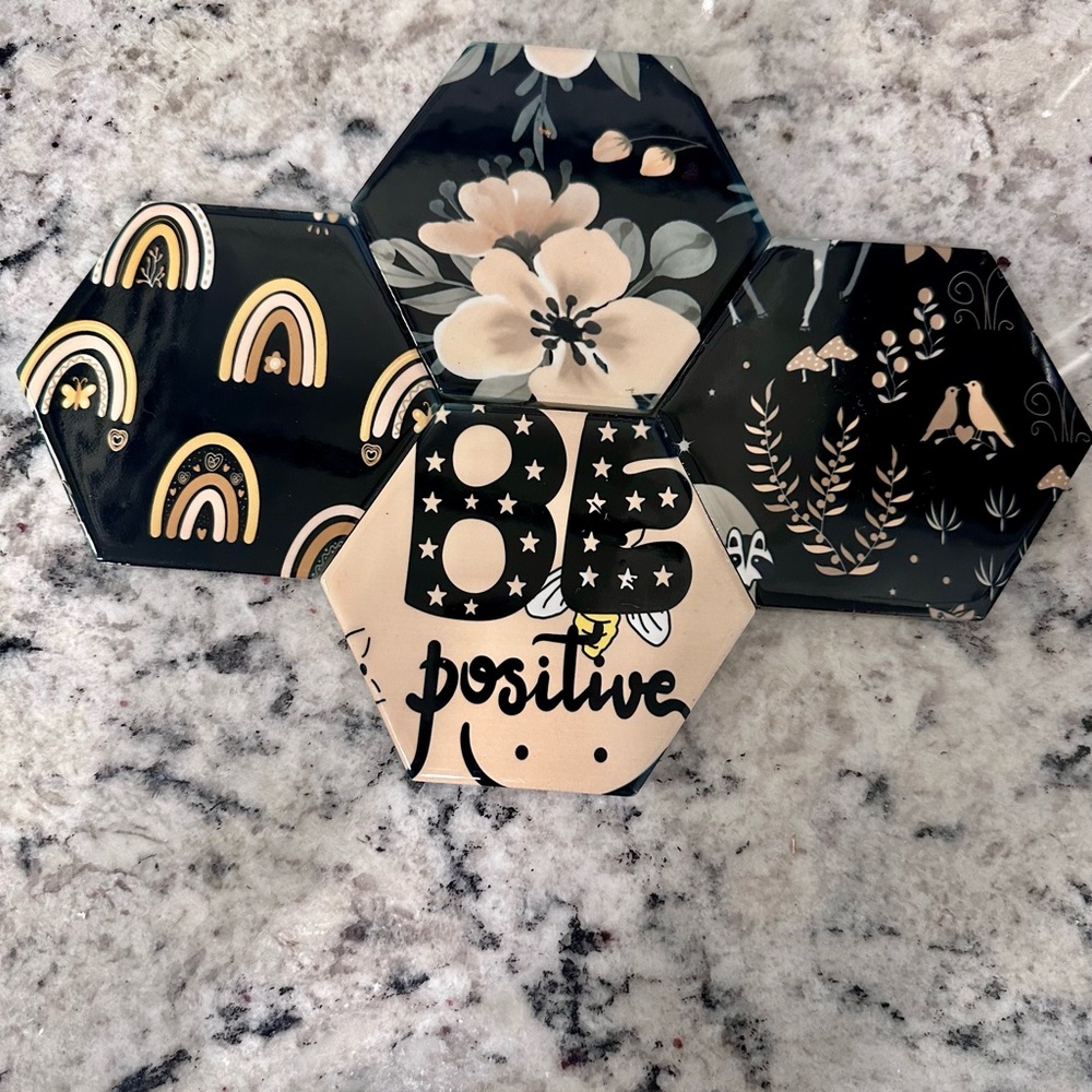 Hexagonal Coasters with Floral and Rainbow Design